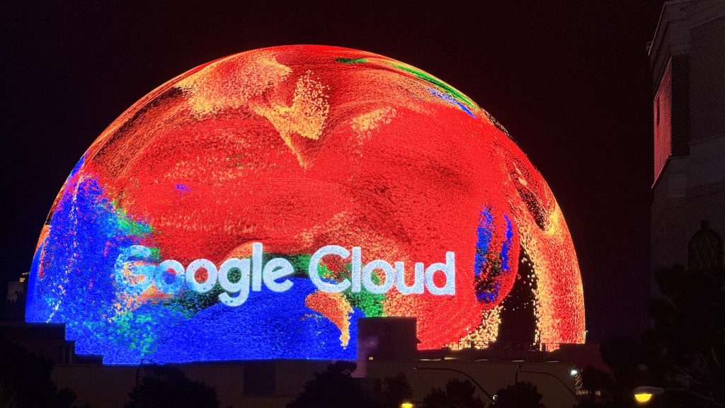 Google Cloud advertising on the Sphere in Las Vegas.