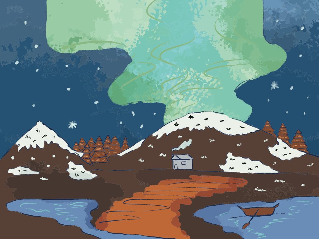 Stylized artistic illustration of a cozy cabin in a snowy mountain landscape under a green aurora borealis, representing the balance between hot activity and cold archival storage.