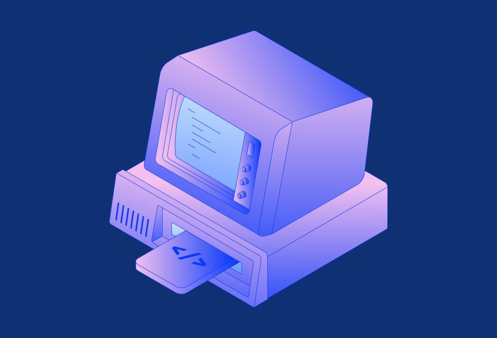 A vintage computer with floppy disk depicting the old world order.