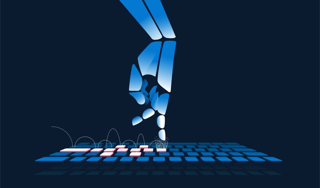 A stylized robotic hand composed of geometric blue shapes reaching down to press keys on a glowing keyboard, depicting computer use