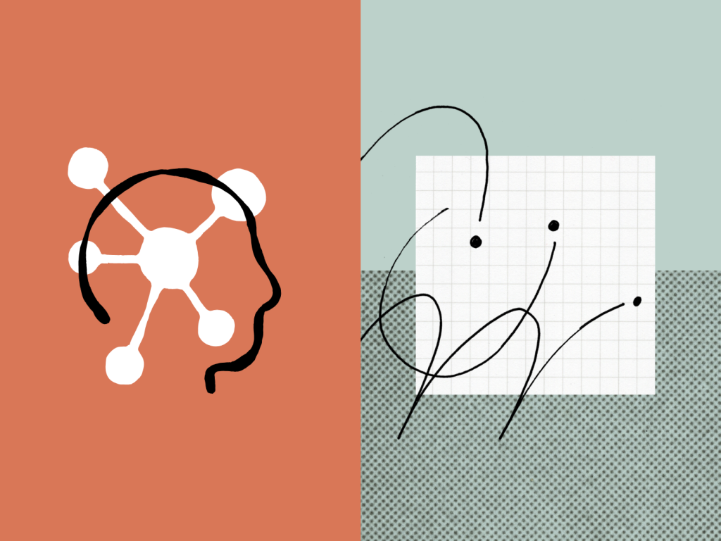 Split screen of outline head silhouette on orange background next to white rectangle on teal background